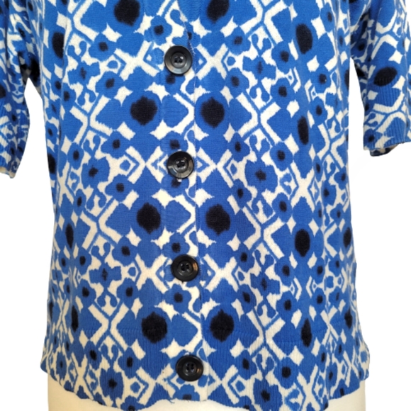 Jones New York Thin Knit Blue White Cotton Short Sleeve Button Down Blouse Sz. M - Picture 3 of 12